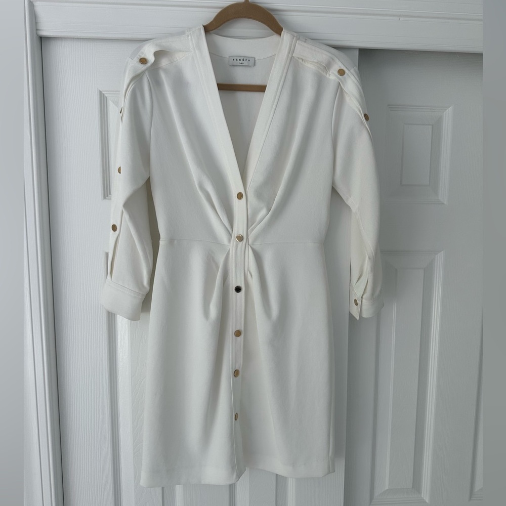 NWT Sandro Cream Ruched Plunge Neck Dress